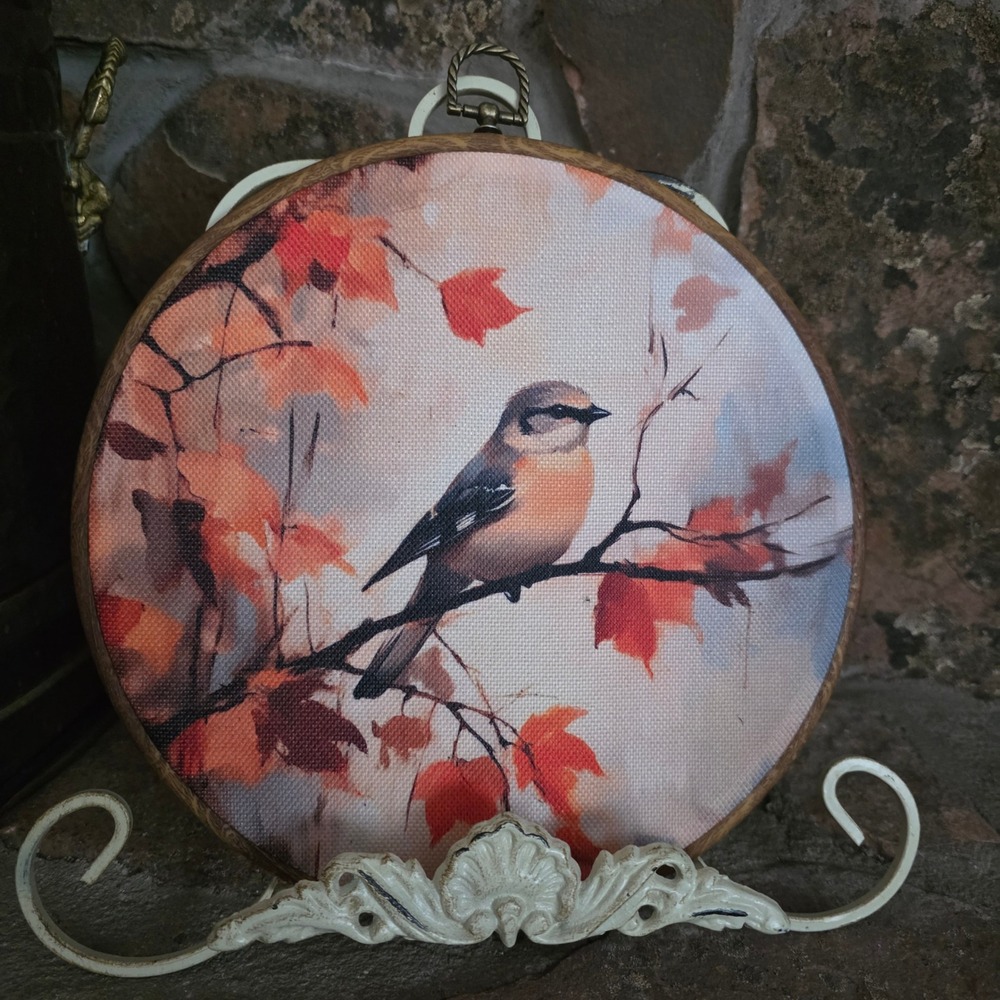 Bird in Autumn Leaves Round Wall Art Wood Look Embroidery Hoop Frame 10" Fall